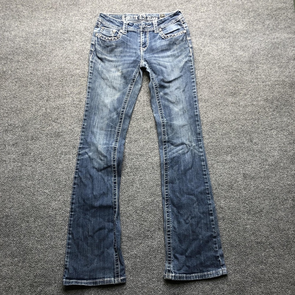 Y2K Jeans Womens 26 Blue Bootcut Embroidered Rhinestone Flap Pockets